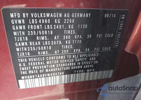 2015 Volkswagen Tiguan Sel из США, поврежденный, VIN WVGBV7AX8FW004748